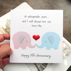 Ivoire 14e carte d&#39;anniversaire d&#39;éléphant de mariage jolie carte, carte d&#39;anniversaire de 14 ans heureux cadeau d&#39;anniversaire personnalisé pour mari femme
