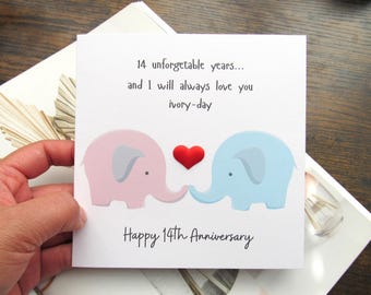 Ivory 14th wedding Elephant anniversary card gift cute card, Happy 14 years anniversary card personalised anniversary gift for husband wife
