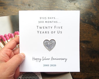 Real silver 25th Wedding anniversary card custom gift for husband wife, 25 years marriage sterling silver wire heart anniversary card gift
