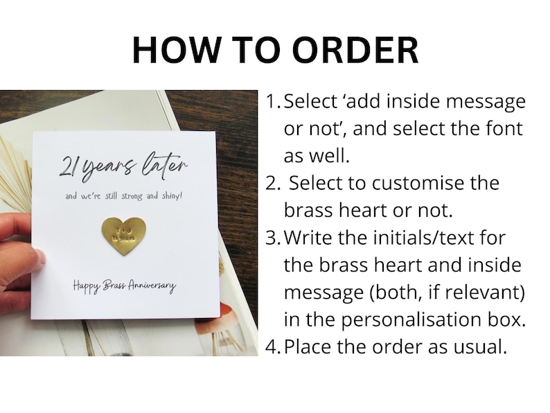 May include: A white card with the text "21 years later" and "Happy Brass Anniversary". A gold heart-shaped charm is affixed to the card. Instructions on how to order are listed on the right.