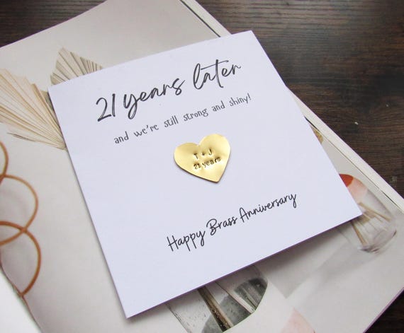 Real brass 21st Wedding anniversary card gift for husband wife, hammered brass gift 21 years marriage happy anniversary heart custom card