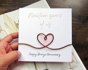 Real Bronze 19th Wedding anniversary card wire gift for husband wife, rustic bronze heart wire bronze 19th anniversary gift card unique card