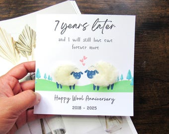 Real Wool 7th Wedding anniversary card wire gift for husband wife, love ewe card sheep themed funny card anniversary card custom message