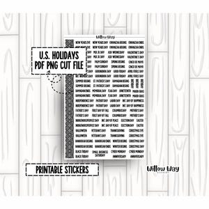 Printable U.S. Holidays Script Planner Stickers, PDF PNG and Cut Files