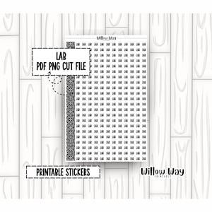 Può includere: Un foglio digitale di adesivi stampabili con il testo LAB ripetuto in uno schema a griglia. Il foglio include un bordo geometrico decorativo in bianco e nero sul lato sinistro. Il testo sull'immagine recita LAB PDF PNG CUT FILE e Willow Way.