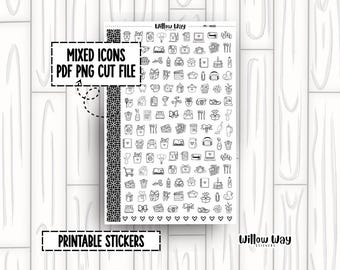 Printable Outline Icon Planner Stickers, PDF PNG and Cut Files