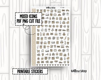 Printable Tan Icon Planner Stickers, PDF PNG and Cut Files
