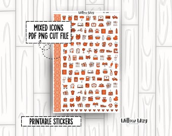 Printable Dark Orange Icon Planner Stickers, PDF PNG and Cut Files