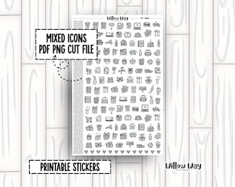 Printable Light Gray Icon Planner Stickers, PDF PNG and Cut Files