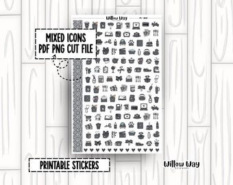 Printable Dark Gray Icon Planner Stickers, PDF PNG and Cut Files