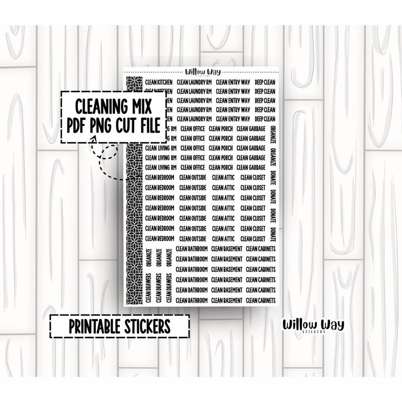 Printable Cleaning Mix Script Planner Stickers, PDF PNG and Cut Files ...