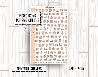 Printable Light Orange Icon Planner Stickers, PDF PNG and Cut Files