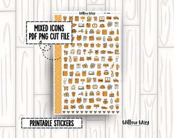 Printable Orange Icon Planner Stickers, PDF PNG and Cut Files