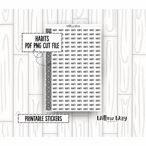 Puede incluir: Una hoja digital de pegatinas imprimibles con la palabra HABITS repetida en texto negro sobre fondo blanco. La hoja incluye un borde decorativo vertical con un patrón geométrico y etiquetas de texto que dicen HABITS PDF PNG CUT FILE.