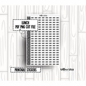Może przedstawiać: Arkusz czarno-białych naklejek do wydruku ze słowem „LUNCH” powtórzonym we wzorze siatki. Tekst „LUNCH PDF PNG CUT FILE” jest również obecny. Widoczne są również słowa „PRINTABLE STICKERS” i „Willow Way”.
