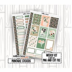 May include: Two sheets of printable stickers with floral and geometric designs in green, peach, and white. The stickers include decorative elements, labels, and boxes. Text on the stickers reads "Willow Way", "Printable Stickers", and "Weekly Kit (8 Sheet Kit) PNG and Cut File".