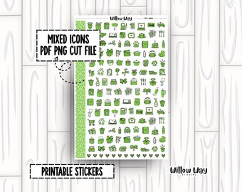 Printable Light Green Icon Planner Stickers, PDF PNG and Cut Files