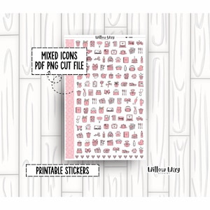 Printable Light Pink Icon Planner Stickers, PDF PNG and Cut Files
