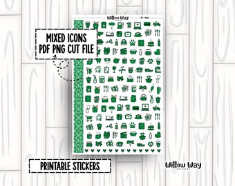 Printable Green Icon Planner Stickers, PDF PNG and Cut Files