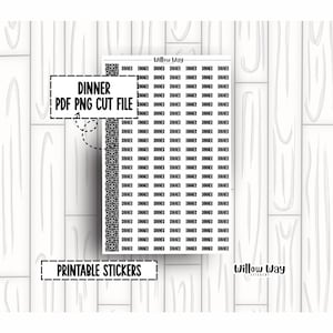 May include: A sheet of printable stickers with the word "Dinner" repeated multiple times. The stickers are arranged in rows and columns. The text "Dinner PDF PNG CUT FILE" and "Printable Stickers" are also present. The background is a white wood pattern.