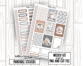 Ingesneeuwde, afdrukbare weekpakket plannerstickers, png- en snijbestanden