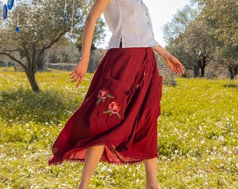 Organic Cotton Skirt, Floral Gauze Skirt, Summer skirt, Casual Loose Skirts, Boho Embroidered Skirt