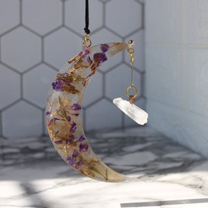 Moon-Shaped Suncatcher - Resin with Purple Forget-Me-Not Flowers & Adorned with Clear Quartz