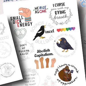 Puede incluir: Hojas de transferencia de bordado termoadhesivas con diseños antifascistas. Incluye frases como "Small Dick Energy", "Don't Be Fucking Racist" y "Abolish Capitalism". El conjunto está dimensionado para un bastidor de 7.6 cm e incluye varias ilustraciones.