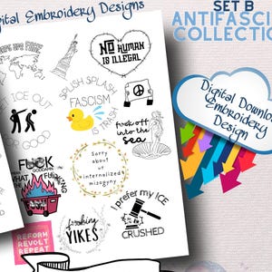 May include: Digital embroidery designs featuring anti-fascist themes. The designs include phrases like "No Human Is Illegal" and "Fascism Is Trash," along with illustrations of a peace sign, Statue of Liberty, and a rubber duck. The set is sized for a 3-inch hoop.