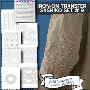 Peut inclure: Un ensemble de transferts thermocollants Sashiko n°9 avec des feuilles blanches à motifs géométriques noirs, appliqués sur une manche en tissu beige avec des coutures blanches, incluant le texte Sashiko Mending Bundle.