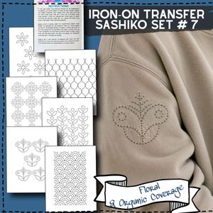 Può includere: Un set di fogli di trasferimento termoadesivi per ricamo Sashiko con vari motivi geometrici e floreali. La collezione include fogli di istruzioni stampati e una manica di felpa beige con un disegno floreale ricamato.