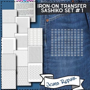 May include: A set of iron-on transfer sheets for sashiko mending and denim repair, featuring various geometric patterns like grids, dots, and diamonds. The collection includes instructional text and is displayed against a blue denim fabric background.