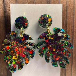 Monstera leaf color-shifting earrings handmade cast resin
