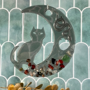 Moon-Shaped Suncatcher with cat figure and real crystals - opaque gray Resin Adorned with assorted genuine crystals