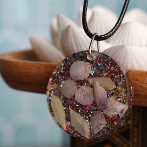 resin pendant handmade, on cord necklace, glitter, flowers