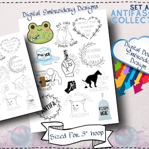 Op de afbeelding: Digitale borduurontwerpen met antifascistische thema's. De ontwerpen bevatten illustraties van katten, ijsblokjes en slogans als "Geen mens is illegaal" en "Ik poep op fascisten". De collectie is geschikt voor een borduurring van 7.6 cm.