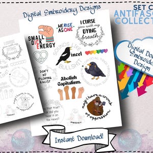 Minijuego de transferencia de bordado digital antifascista / Abolir ICE, antifascismo, artesanía política, juego de patrones de bordado a mano C