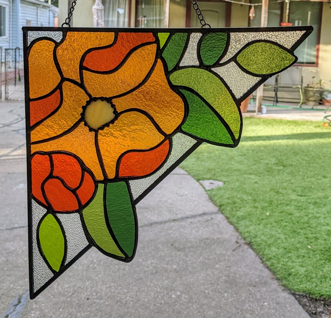 Orange Flower Corner Panel Glass Panel Sun Catcher Home Etsy