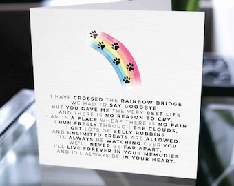 Pode incluir: Uma ponte arco-íris com pegadas de patas e o texto "Cruzei a ponte do arco-íris, tivemos que dizer adeus, mas você me deu a melhor vida e não há razão para chorar. Estou em um lugar onde não há dor, corro livremente pelas nuvens, recebo muitas coçadinhas na barriga e guloseimas ilimitadas são permitidas. Eu sempre estarei cuidando de você, nunca estaremos longe um do outro, viverei para sempre em suas memórias e sempre estarei em seu coração."