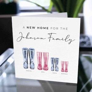 Aangepaste Housewarming-kaart, familie van vijf bewegende kaart, gelukkig 1e huis samen, eerste huiskaart, nieuwe huiskaart, familie met huisdierenkaart