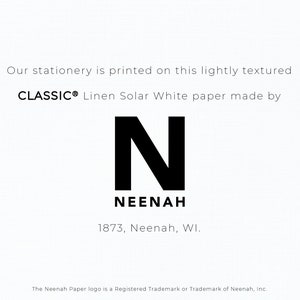 Op de afbeelding: Een zwart-wit logo voor Neenah Paper, met een grote zwarte letter "N" en het woord "Neenah" in hoofdletters eronder. De tekst "CLASSIC&reg; Linen Solar White paper made by" staat boven het logo, en de tekst "1873, Neenah, WI." staat onder het logo.