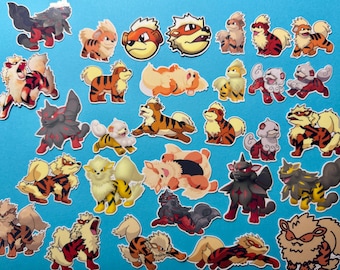 May include: A collection of various die-cut stickers featuring cartoon canine creatures in shades of orange, yellow, black, and grey. The stickers depict different poses and expressions of these fictional animals, arranged on a solid blue background.