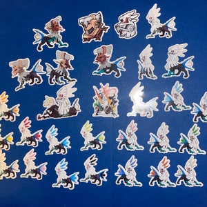 May include: A collection of 30 colorful stickers featuring a variety of cartoon characters. The stickers are on a blue background.