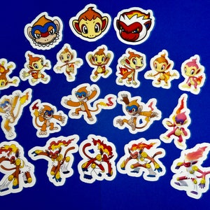 May include: A set of 18 colorful cartoon stickers featuring a monkey-like creature in various poses and expressions. The stickers are on a blue background.