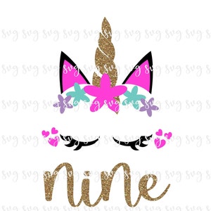 VENTE!! Anniversaire Neuf ans Licorne SVG Neuvième anniversaire 9ème anniversaire Fête Chemise SVG Glitter Anniversaire Décor Bday Signe - BD149