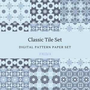Classic Tile Pattern Bundle, Boho Repeat Pattern Paper for Journals and Presents, Mediterranean Blue Tiles