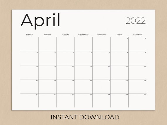 april 2022 printable calendar instant download minimalist etsy
