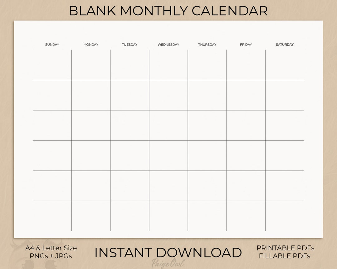 Blank Monthly Printable Calendar, Instant Download Minimalist Calendar ...