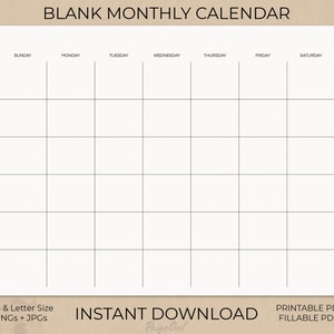 Blank Monthly Printable Calendar, Instant Download Minimalist Calendar Month Page, A4 & Letter size, Landscape, Fillable Calendar PDF
