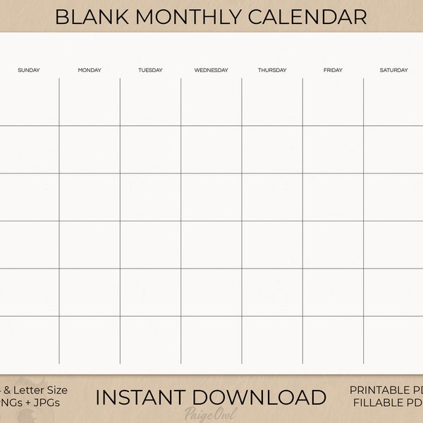 Blank Monthly Printable Calendar, Instant Download Minimalist Calendar Month Page, A4 & Letter size, Landscape, Fillable Calendar PDF
